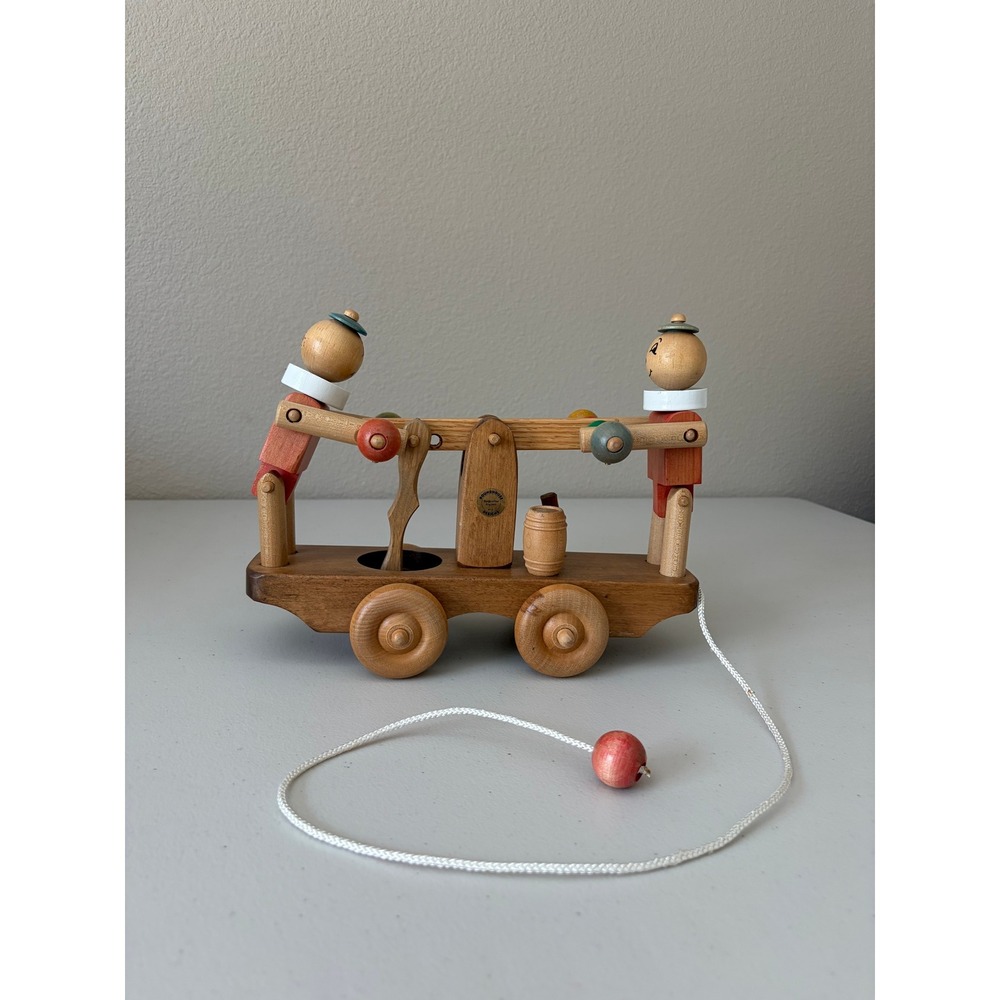 Roundhouse Designs Vintage Handcrafted Wooden Pull Toy SeeSaw Figures Montessori